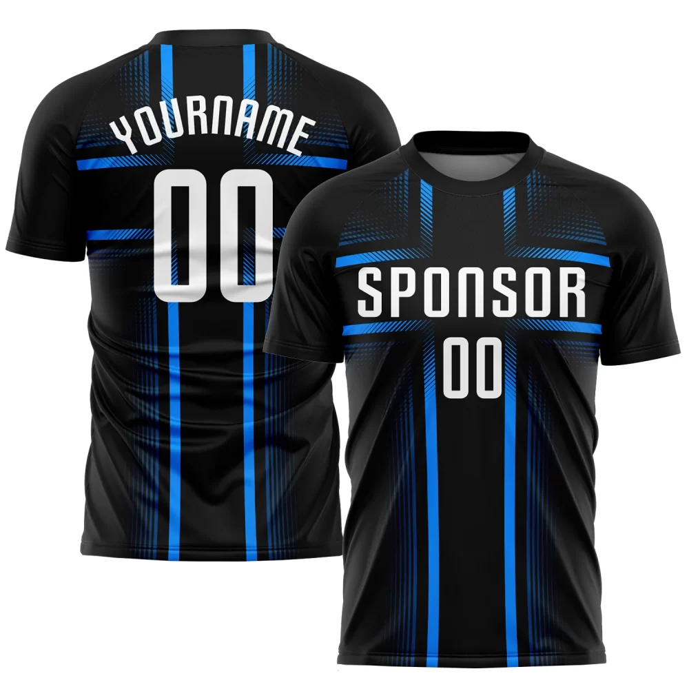 Custom Black White-Light Blue Sublimation Soccer Jersey