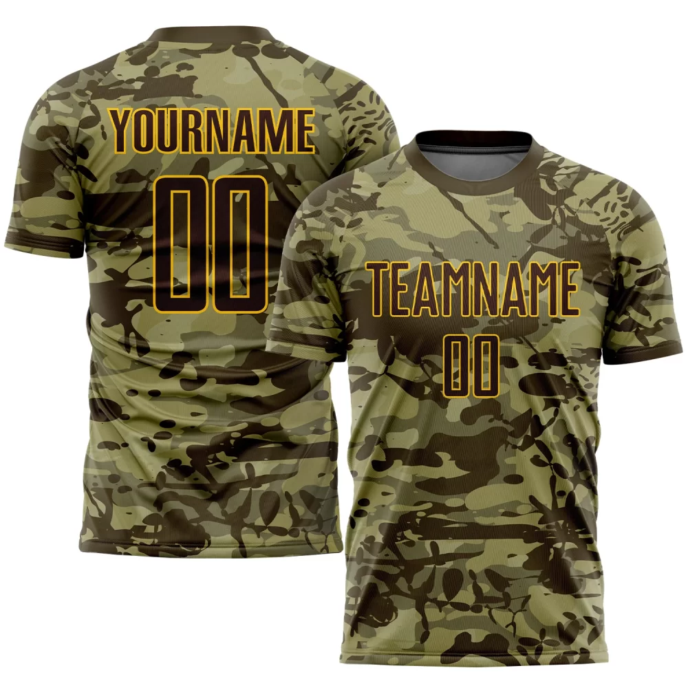 Custom Camo Brown-Gold Sublimation Soccer Jersey