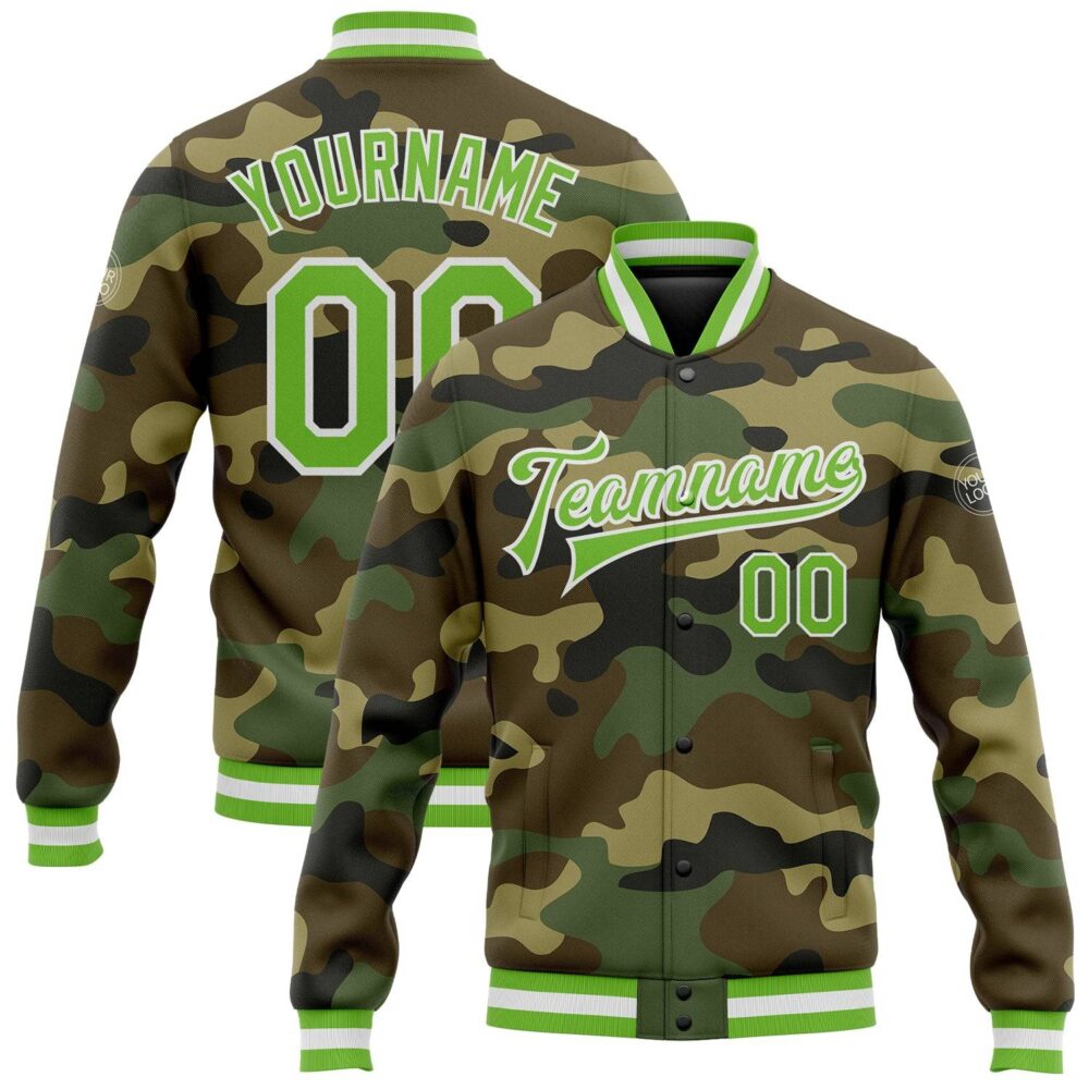 Custom Camo Neon Green-White Bomber Varsity Jacket
