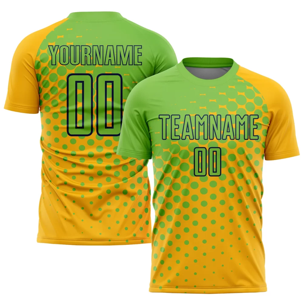 Custom Gold Neon Green-Navy Sublimation Soccer Jersey