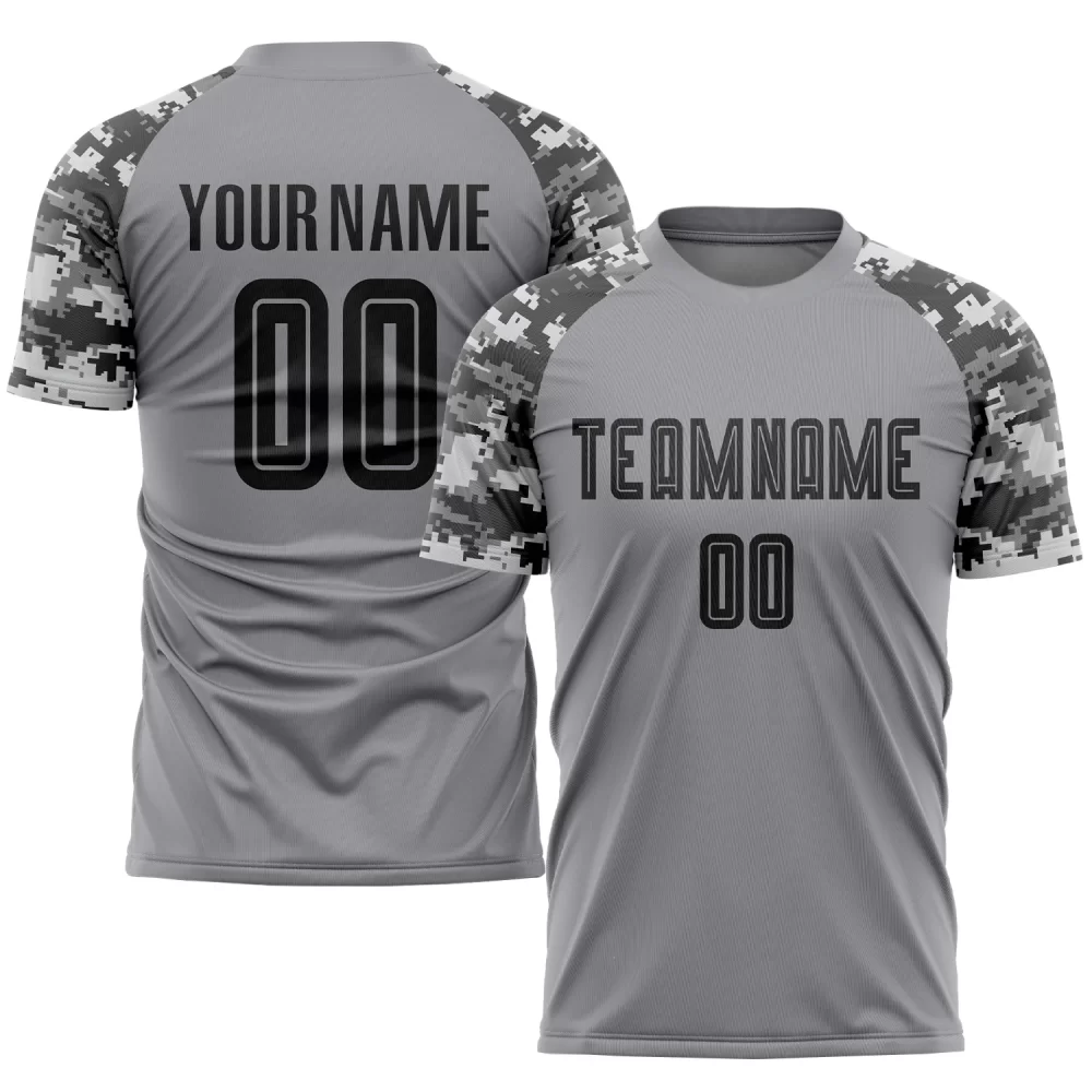 Custom Gray Black-Camo Sublimation Soccer Jersey