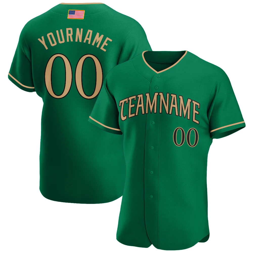 Custom Kelly Green and with Gold American Flag Baseball Jersey
