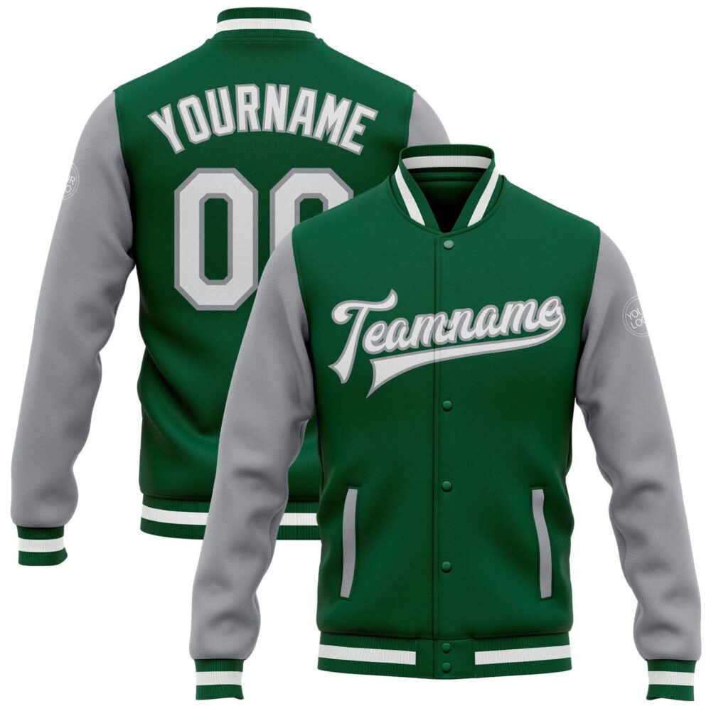 Custom Kelly Green White-Gray Varsity Letterman Two Tone Jacket