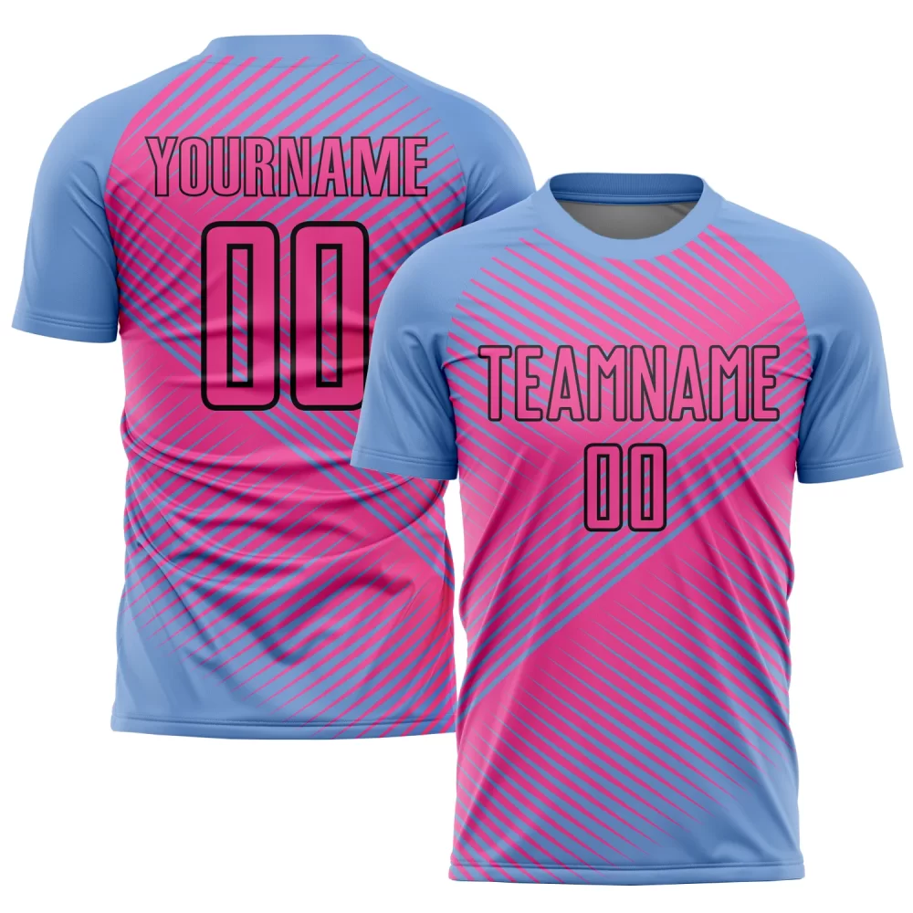 Custom Light Blue Pink-Black Sublimation Soccer Jersey