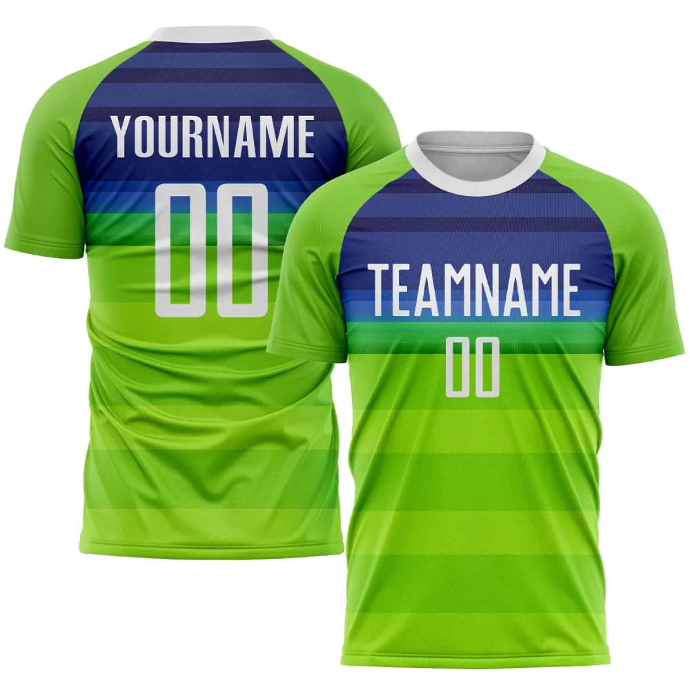 Custom Neon Green White-Royal Sublimation Soccer Jersey