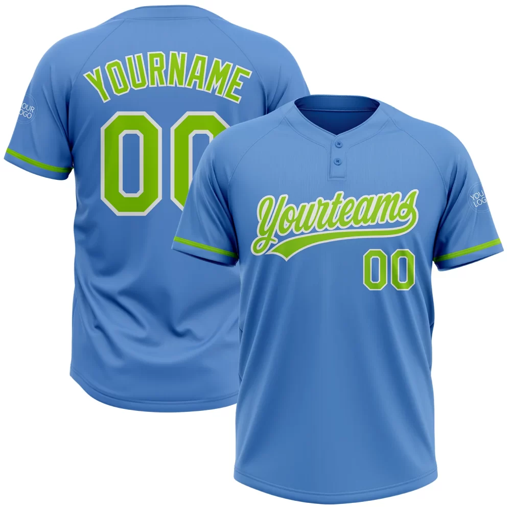 Custom Blue Neon Green-White Two-Button Softball Jersey