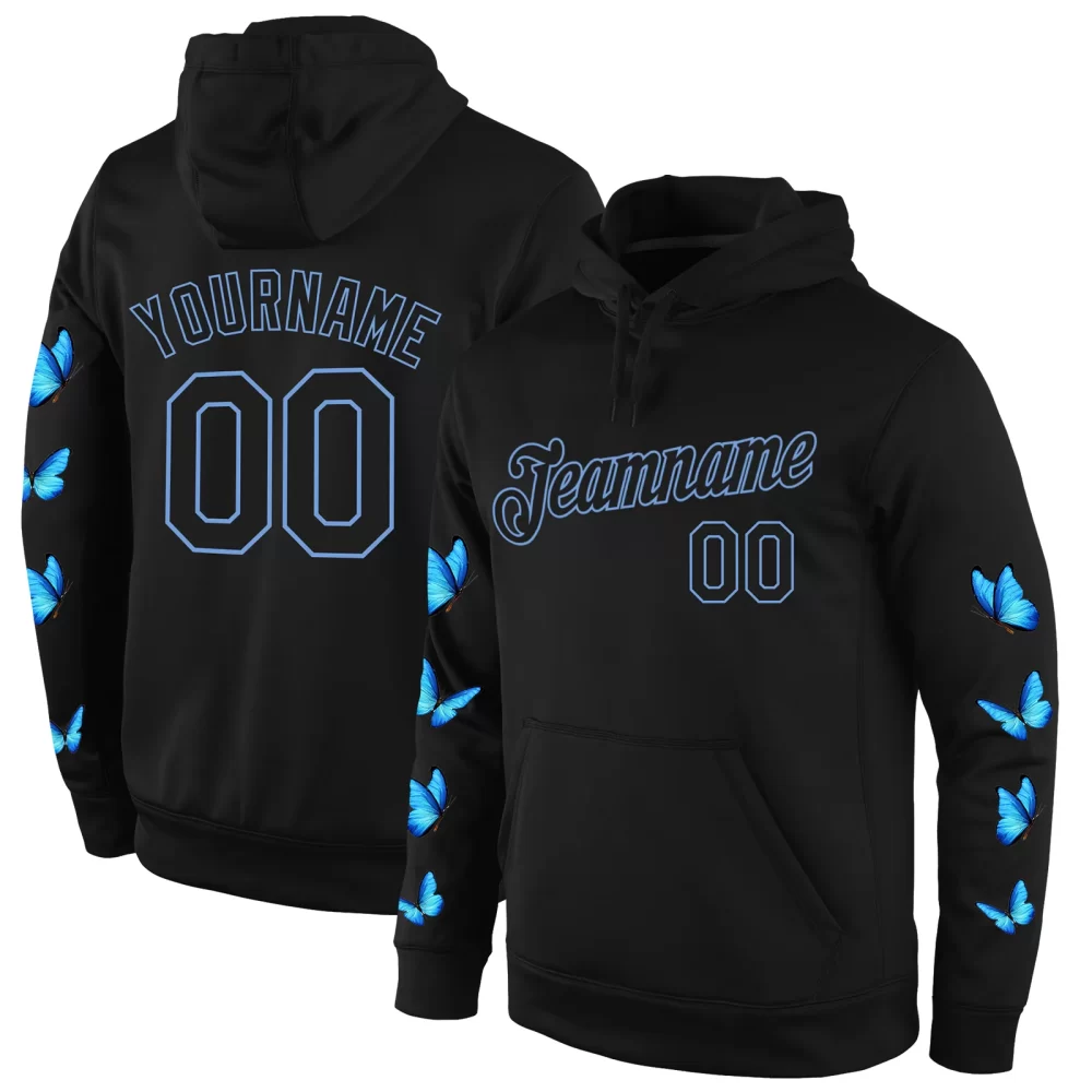 Custom Black-Light Blue 3D Pattern Design Butterfly Sport Pullover Sweatshirt Hoodie