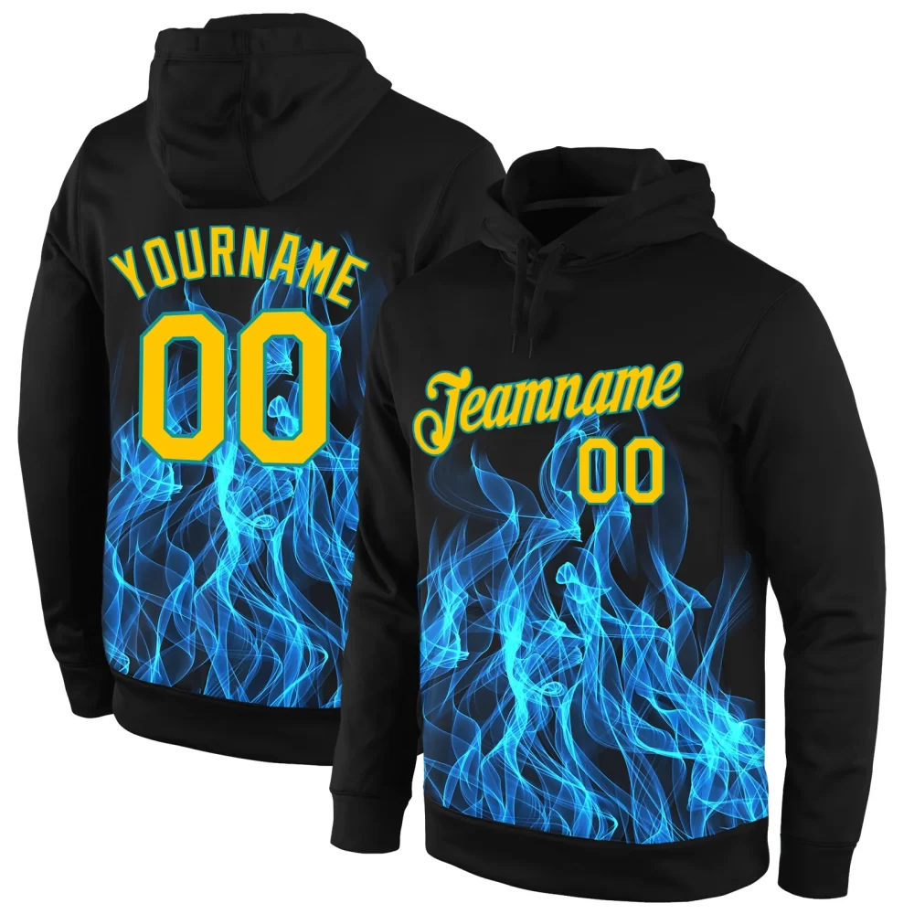 Custom Black Gold-Aqua 3D Pattern Design Flame Sports Pullover Sweatshirt Hoodie