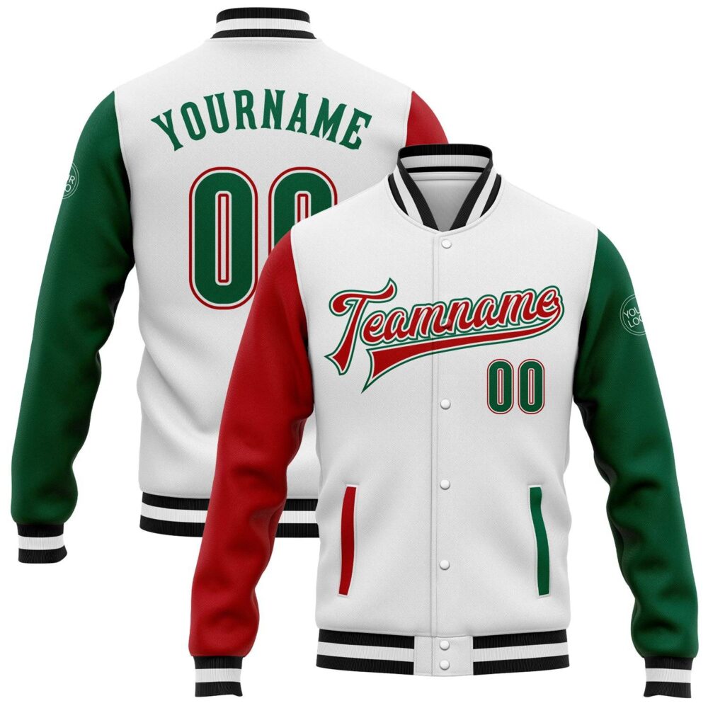 Custom White Kelly Green-Red Bomber Varsity Letterman Jacket
