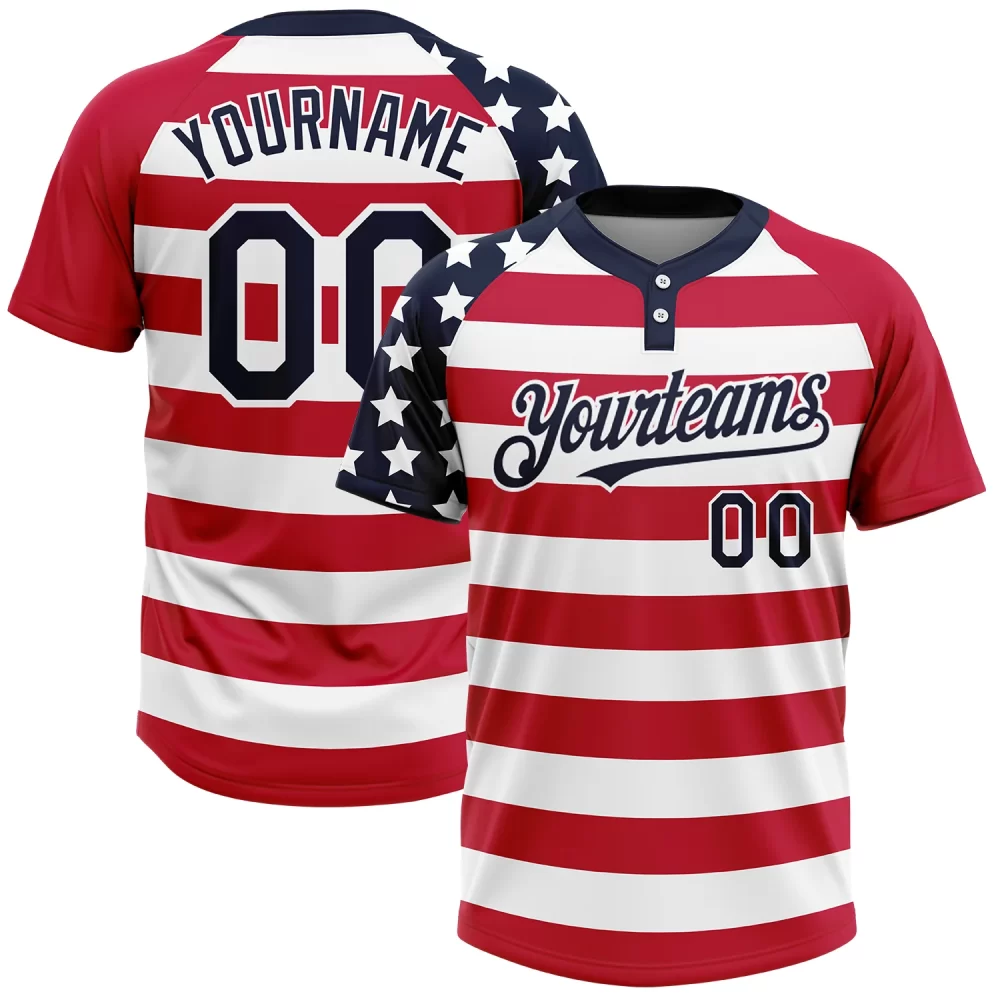 Custom White Navy-Red Fashion Two-Button Softball Jersey..